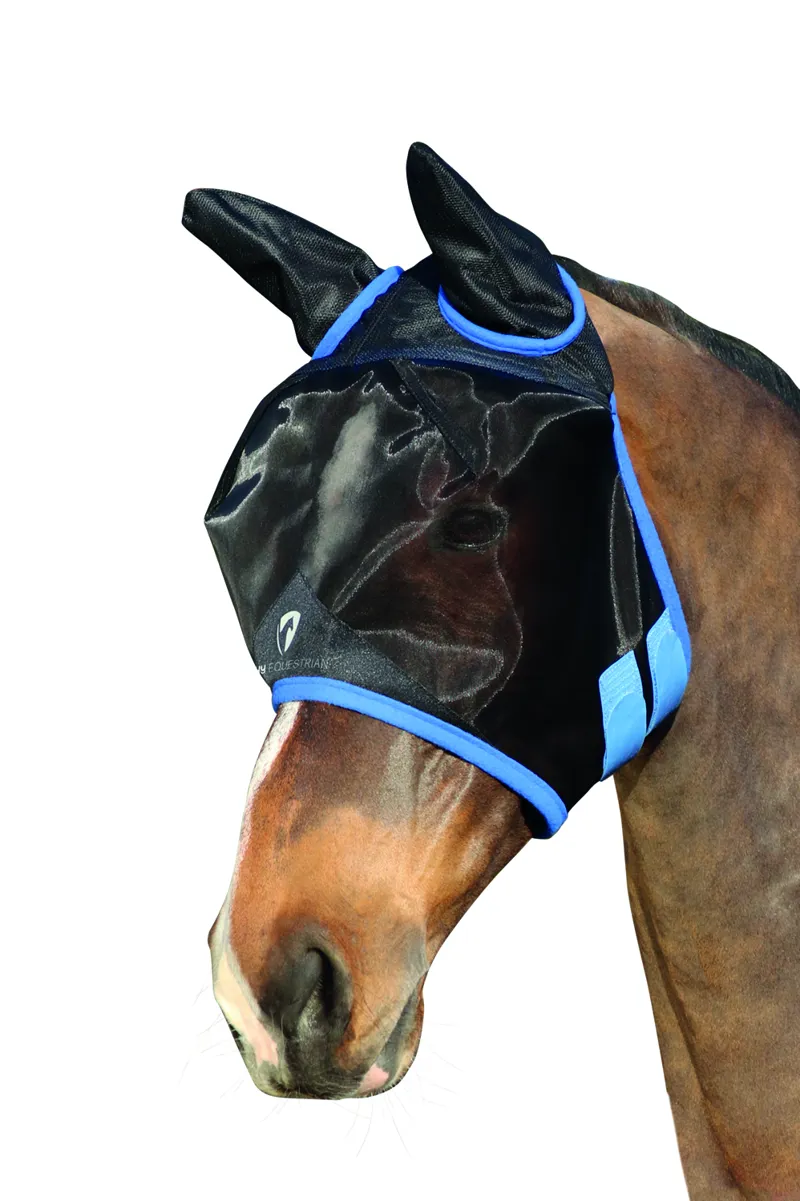 Hy Equestrian Mesh Half Mask With Ears - Black/Palace Blue
